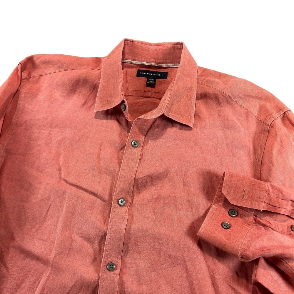 Banana Republic Button Up Shirt Mens L Coral Orange 100% Linen Long Sleeve 20143